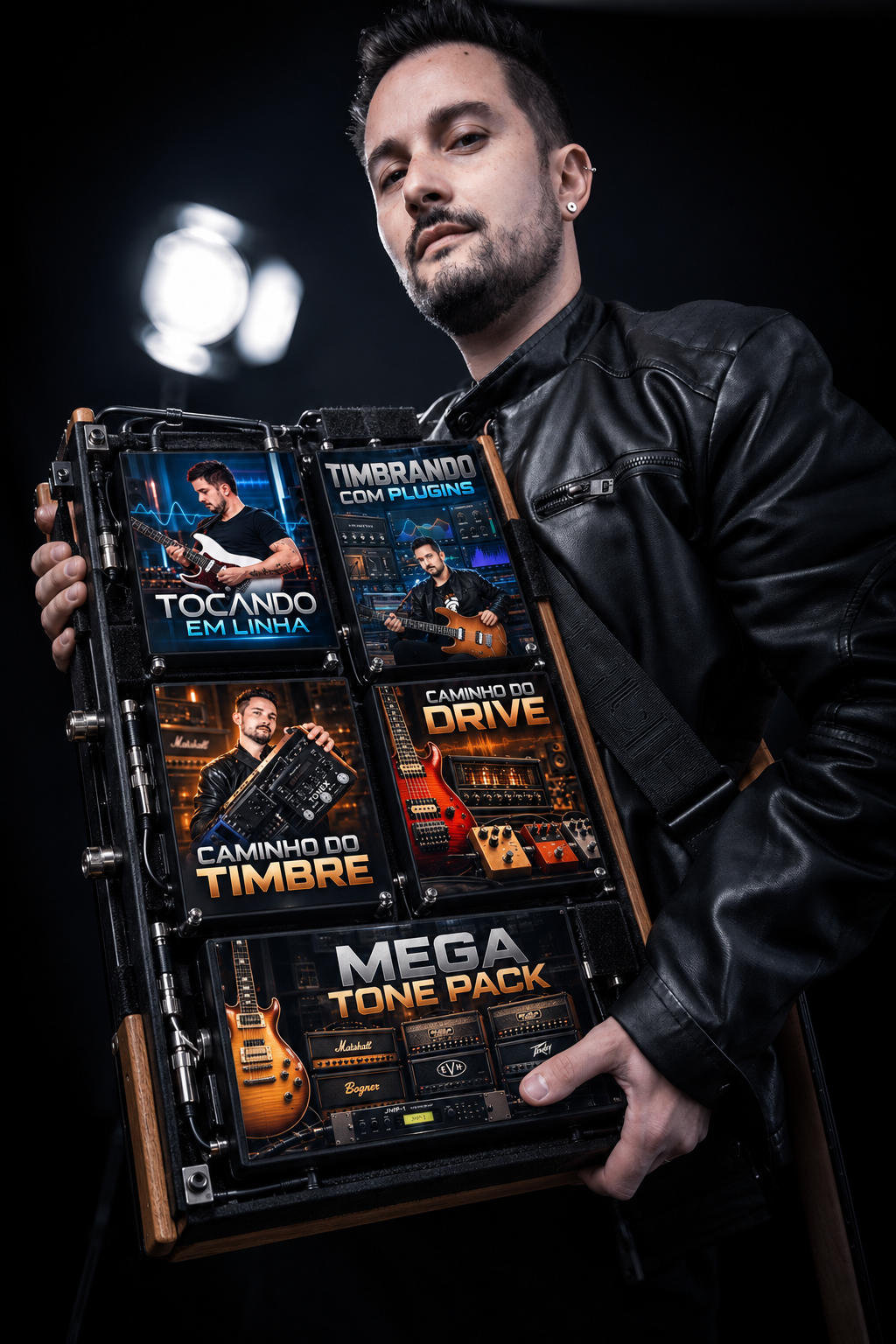 Eric Paulussi com os quatro cursos e o Mega Tone Pack da Black do Timbre